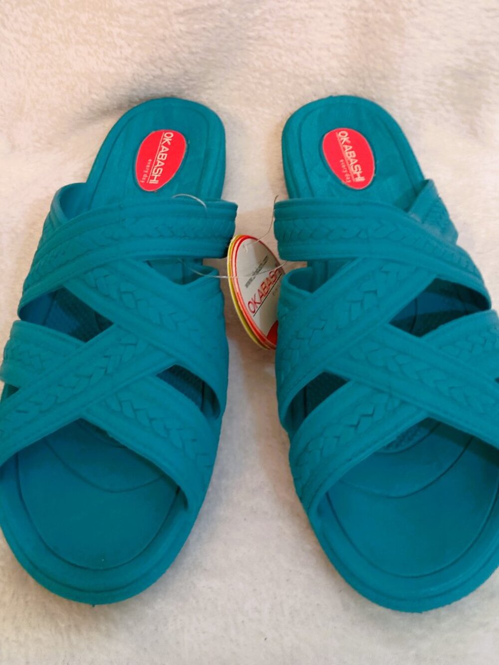 NWT Okabashi Cross Strap Women's Sandals Sz ML(8.5-9.5) Turquoise Slide Slip-On